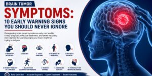 Brain Tumor Symptoms infographic showing 10 early warning signs including persistent headaches, seizures, vision problems, memory loss, and balance issues