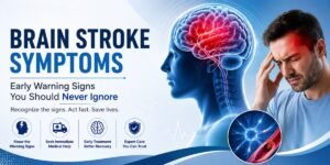 Medical illustration showing brain stroke symptoms, early warning signs, affected brain, severe headache, and stroke awareness for timely diagnosis and treatment.