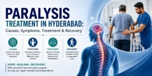 Paralysis Treatment in Hyderabad – Causes, Symptoms, Treatment & Recovery infographic featuring neurological care, brain and spinal cord illustration, and physiotherapy rehabilitation.